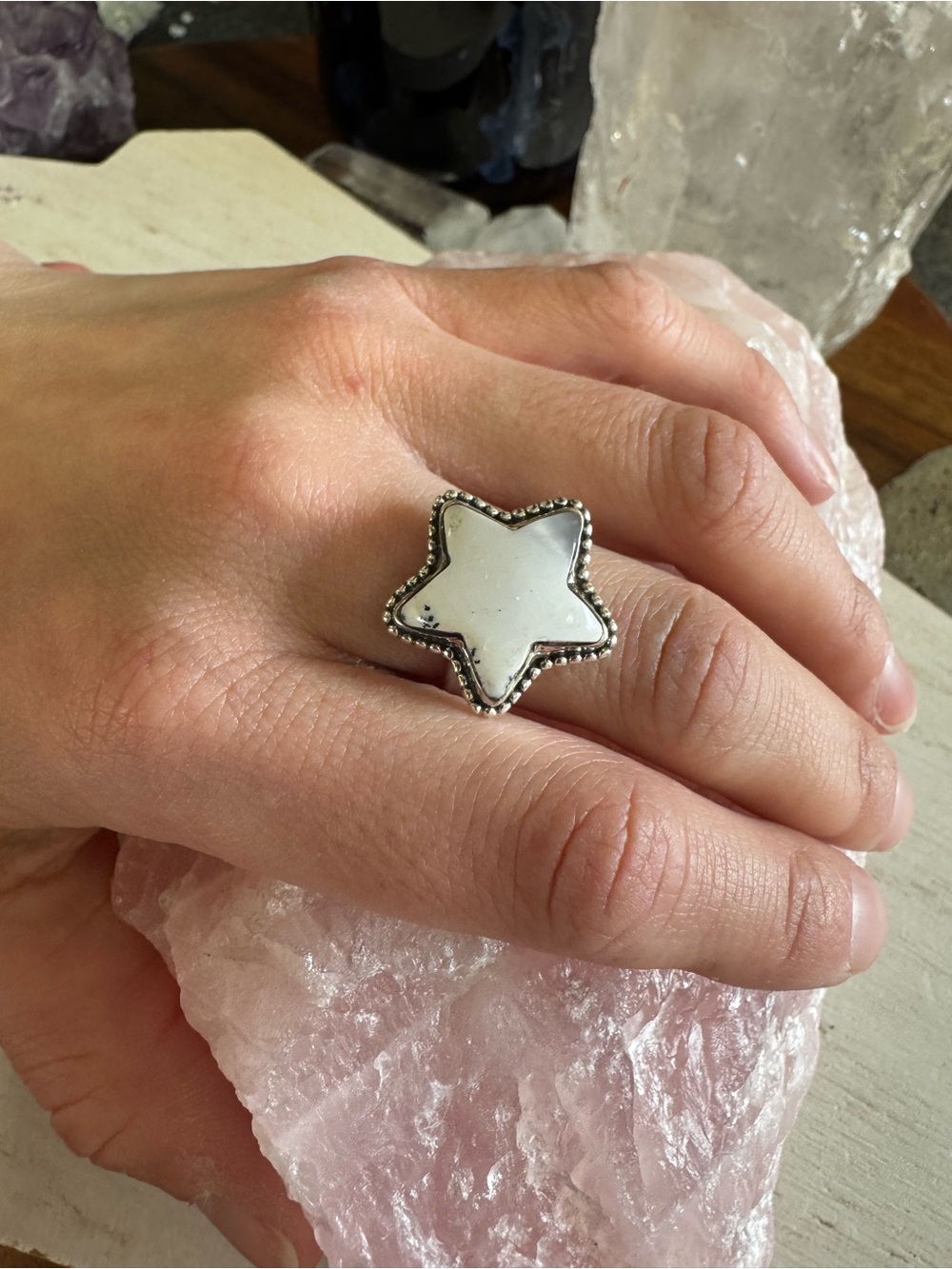 Dendritic Opal (Merlinite) Sterling Silver Star Gemstone Ring - Size 8